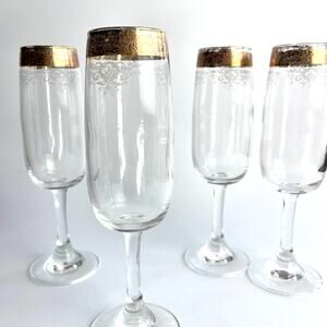 Cellini C9N1 Fluted Champagne Glass Floral Etch Gold Band 6 oz Capacity Set of 4